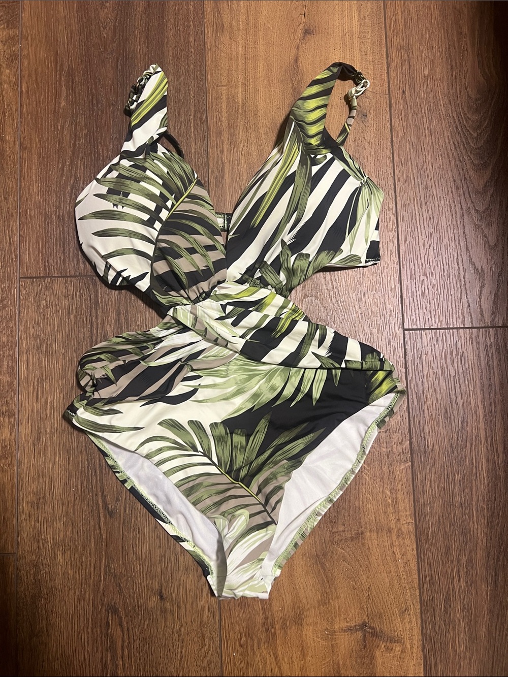 Bar III Tropical Leaf Print One-Piece Monokini Swimsuit in Green and White
